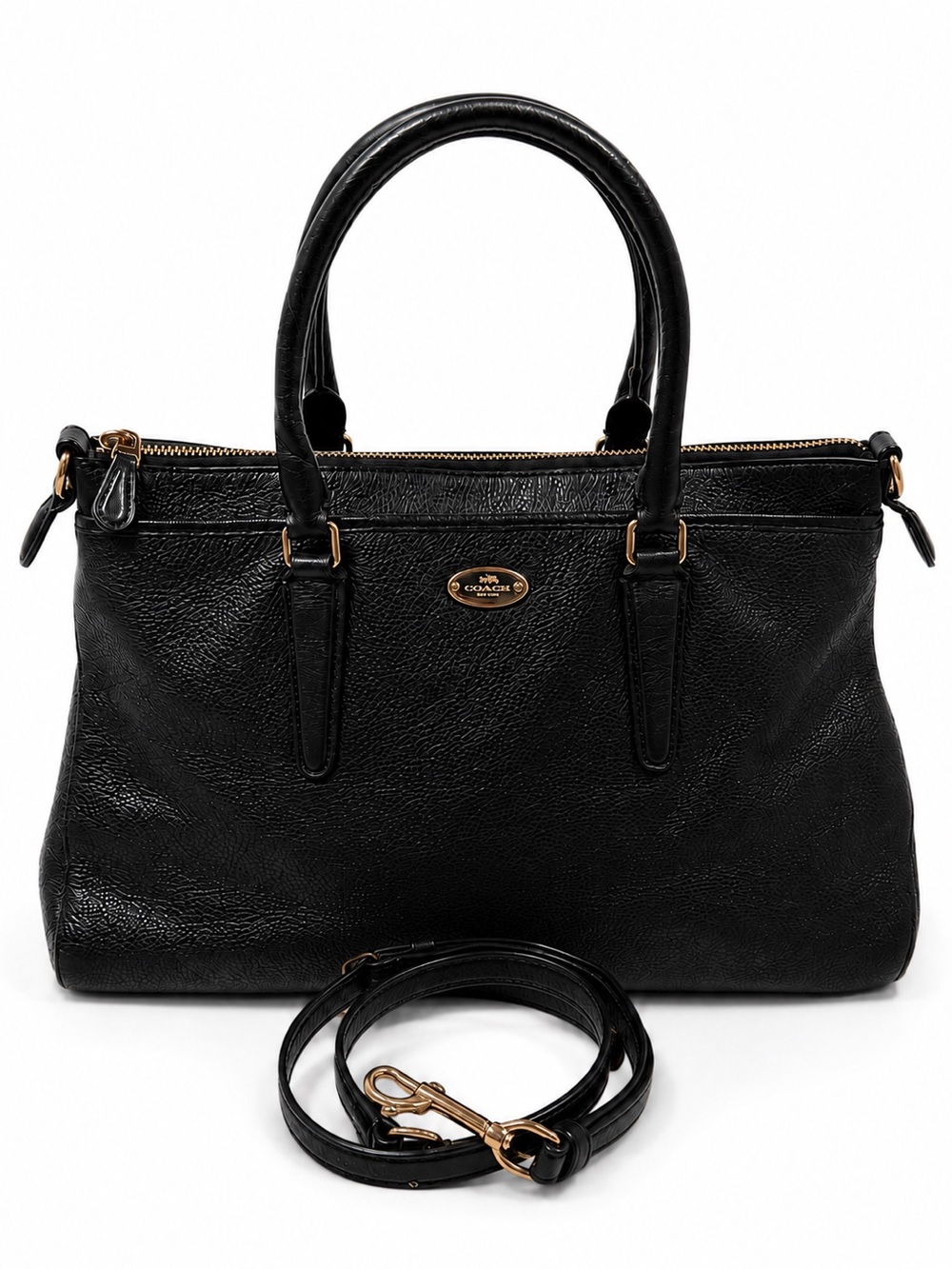Coach F35185 Black Pebbled Leather Satchel Top Handle with strap Crossbody Bag